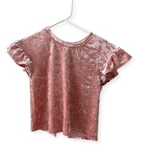 Pink crushed velvet short sleeved top with bow detail in back size Large